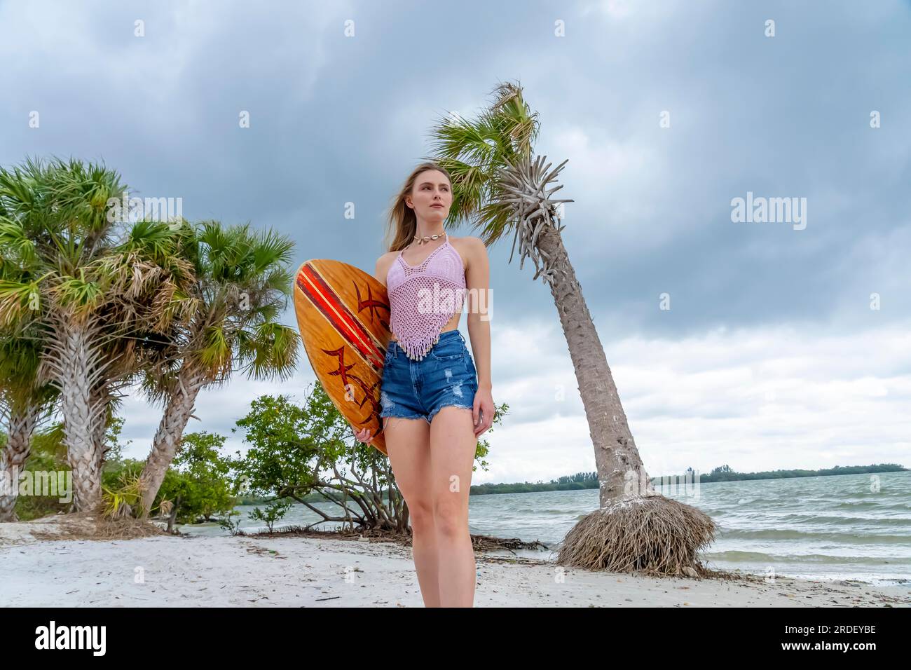 A beautiful blonde model enjoys a summers day while preparing to surf on the ocean with her boogie board Stock Photo