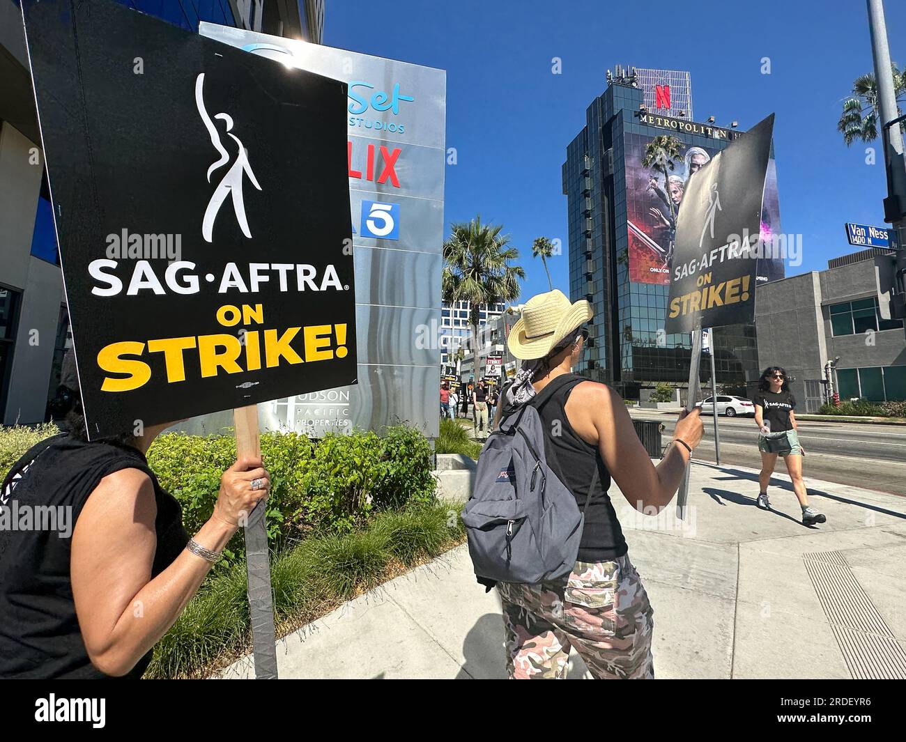 Hollywood, California, U.S.A:  July 20, 2023, Hollywood Actors join Writers on the picket line in front of the Netflix Headquarters and Sunset Studios in Hollywood, CA as both the Screen Actors Guild (SAG) and Writers Guild of America (WGA) strike against the major studios. The Strike is the largest in American history and has effectively shut down all new production of film and tv, promotion, etc. Workers are seeking changes in the face of streaming, including better pay, residuals, and controls on AI ''” Artificial Intelligence. (Credit Image: © Amy Katz/ZUMA Press Wire) EDITORIAL USAGE ONLY Stock Photo