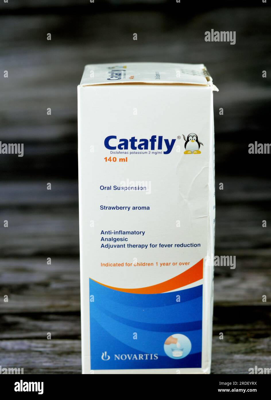 Cairo, Egypt, July 9 2023: Catafly suspension Diclofenac potassium for children, Anti-inflammatory, Anti-pyretic and Analgesic. Strawberry flavour by Stock Photo