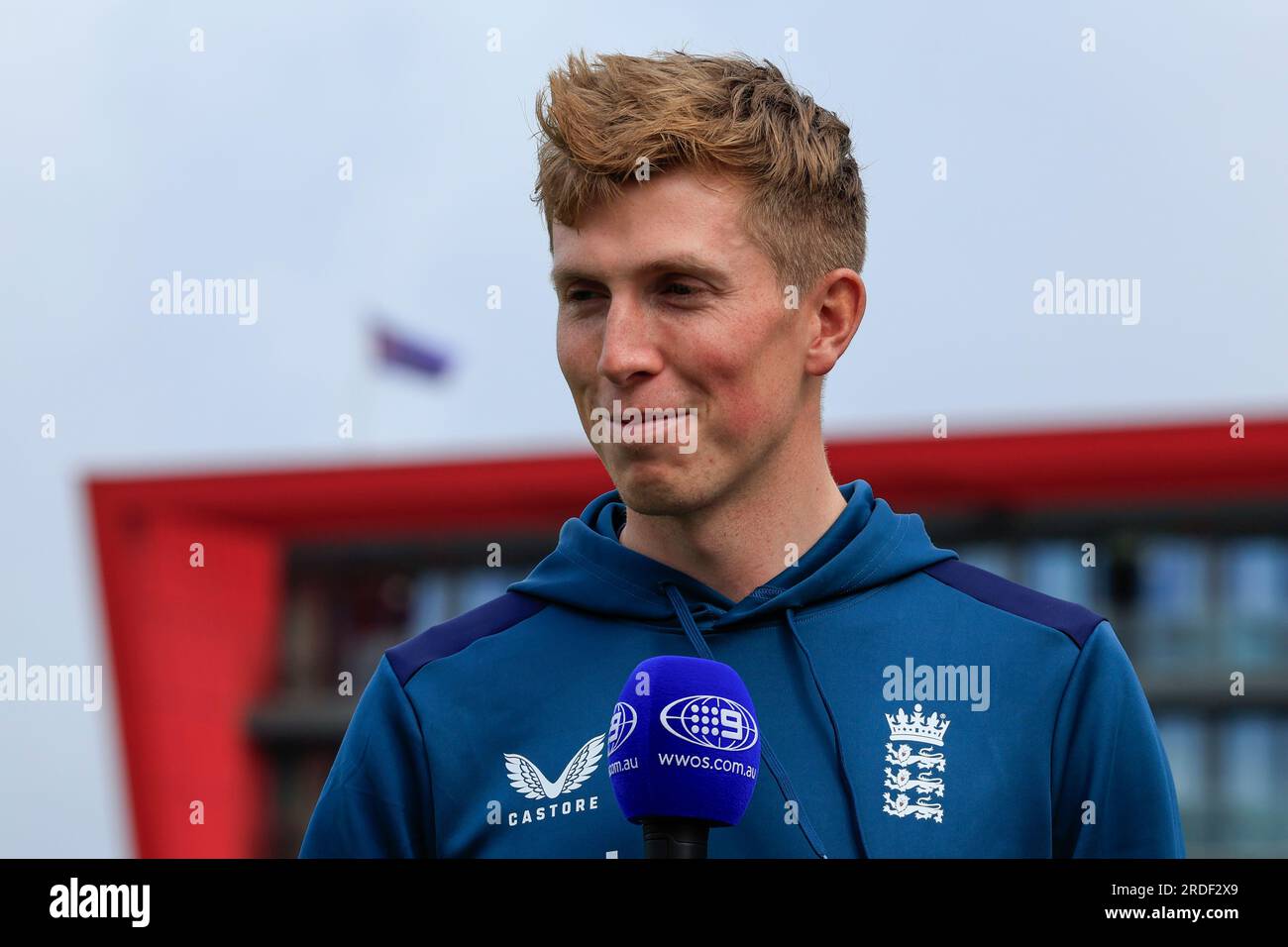 Zac Crawley of England being interviewed by Australian TV ahead of the LV= Insurance Ashes Fourth Test Series Day Three Test Series match England vs Australia at Old Trafford, Manchester, United Kingdom, 21st July 2023  (Photo by Conor Molloy/News Images) Stock Photo