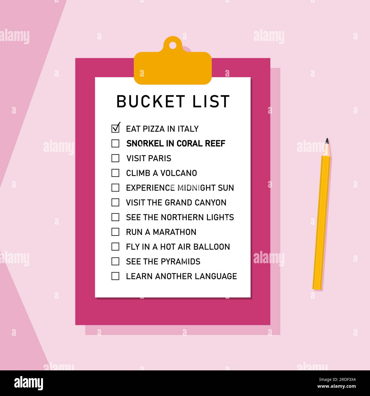 Bucket list life plans checklist. Example bucketlist with travel ideas. Stock Vector