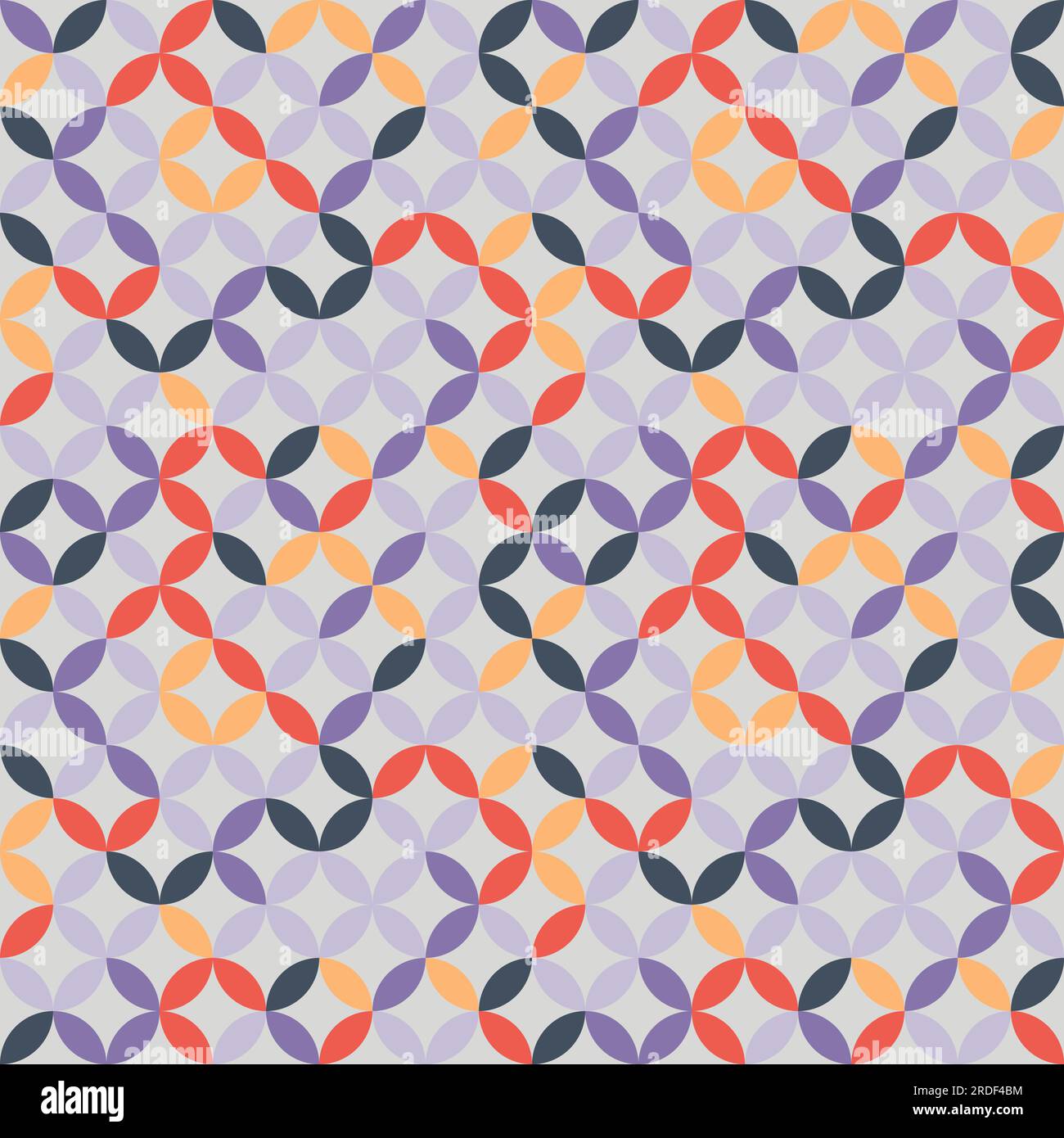 Violet and red geometric pattern. Overlapping circles and ovals abstract retro fashion texture. Seamless pattern. Stock Vector