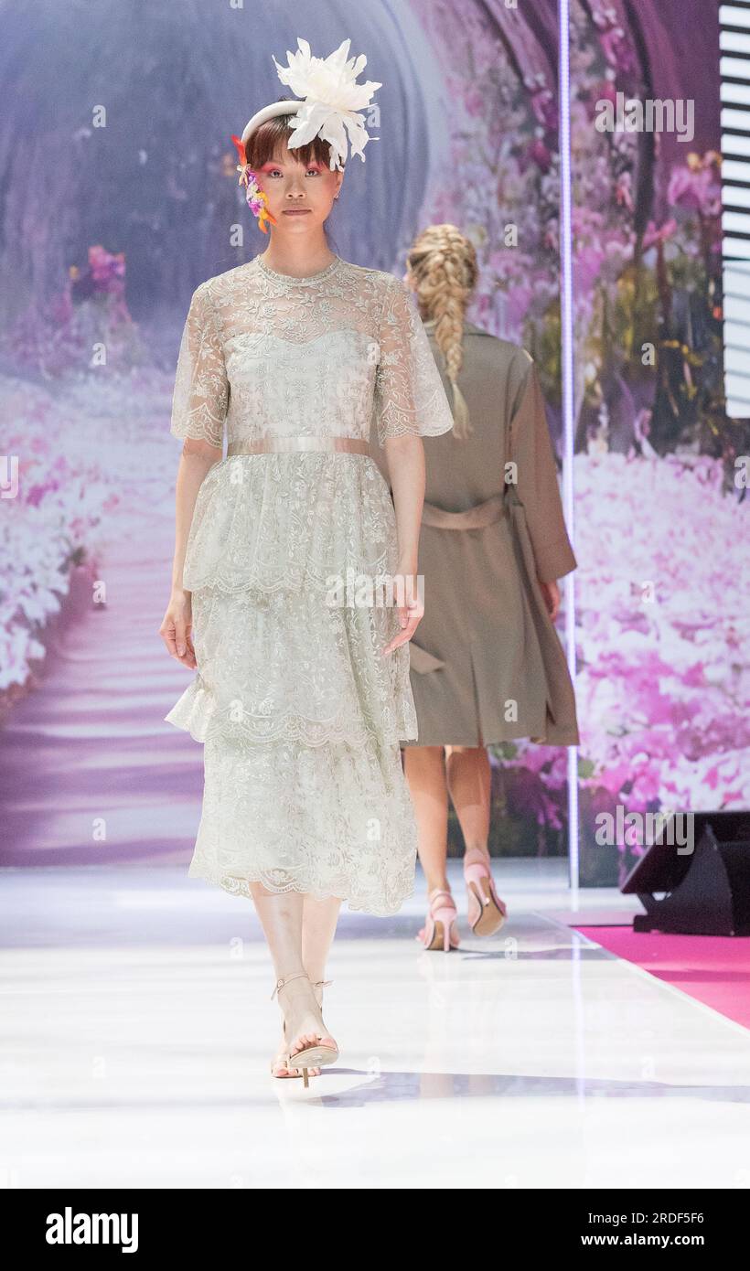 Pure London Fashion Catwalk Event / runway July 2023 - Olympia London showcasing latest worldwide fashion trends. Stock Photo