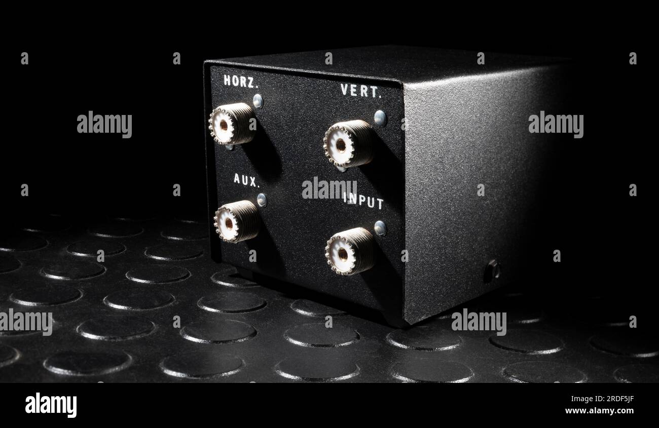 Back of an antenna switcher with four SO239 for hooking up coax cable