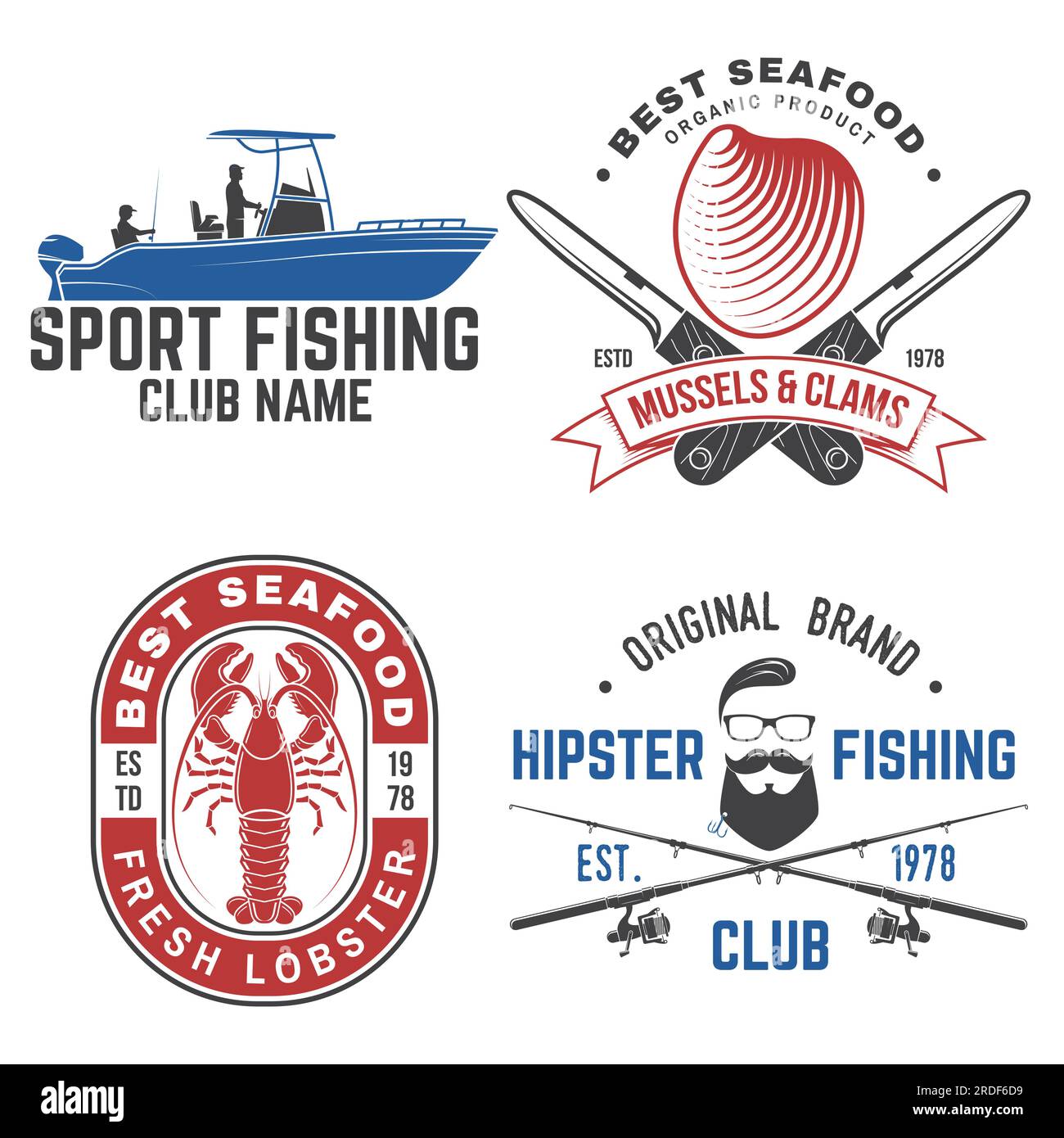 Set of fishing and seafood badges, logos, labels, sticker. Vector. For emblem, sign, patch, shirt, menu restaurants with crab mussels, clams, fishing Stock Vector