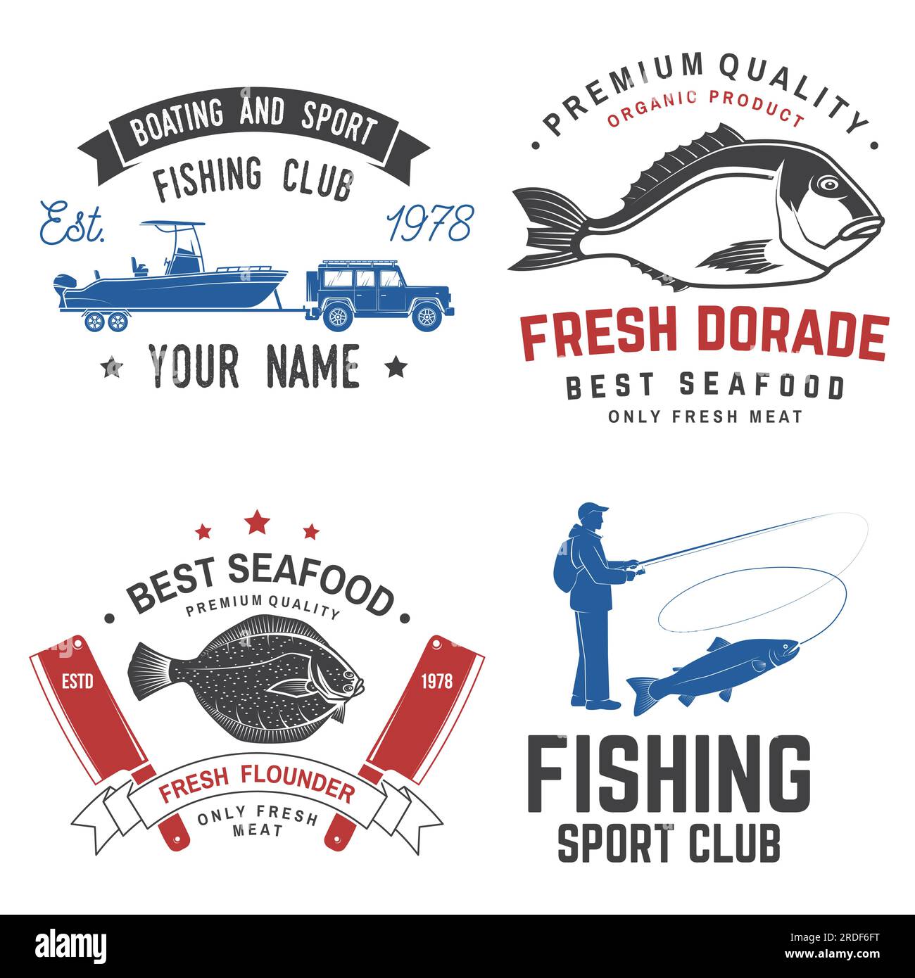 Set of fishing and seafood badges, logos, labels, sticker. Vector. For emblem, sign, patch, shirt, menu restaurants with alaska sole or flounder Stock Vector