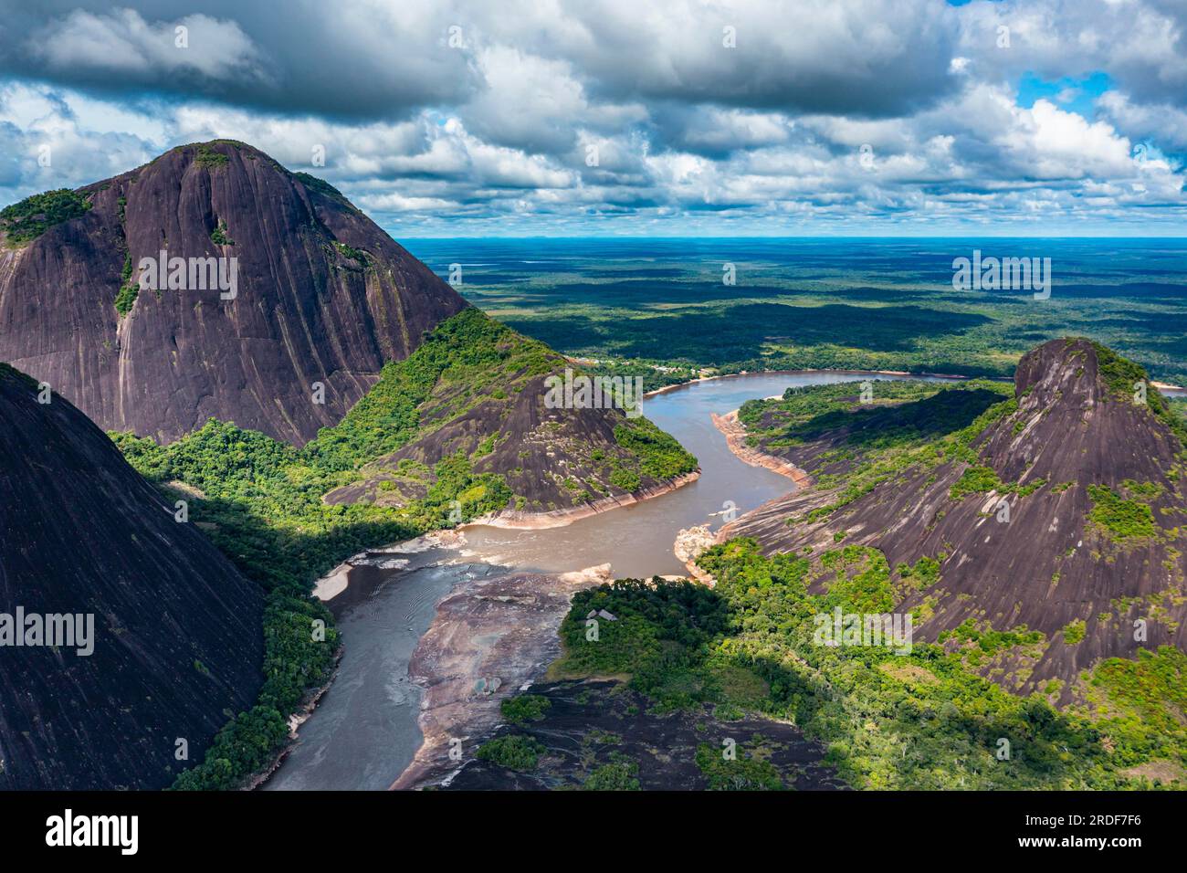 Aerial of the huge granite hills, Cerros de Mavecure, Eastern Colombia ...