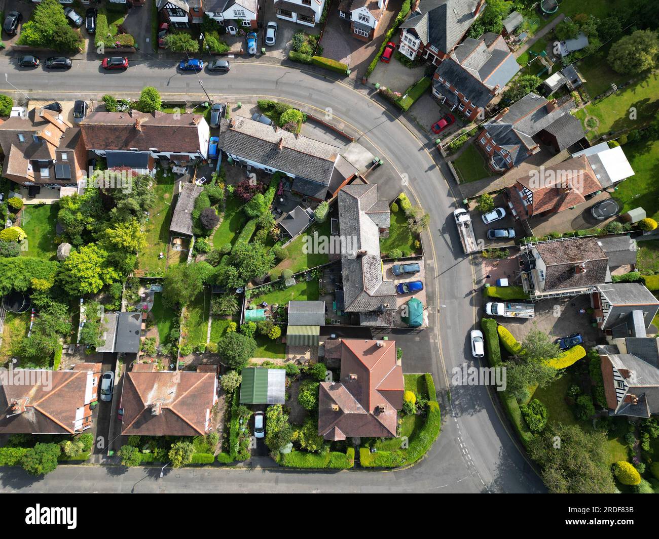 Aerial view of suburban houses and gardens in the urban city of