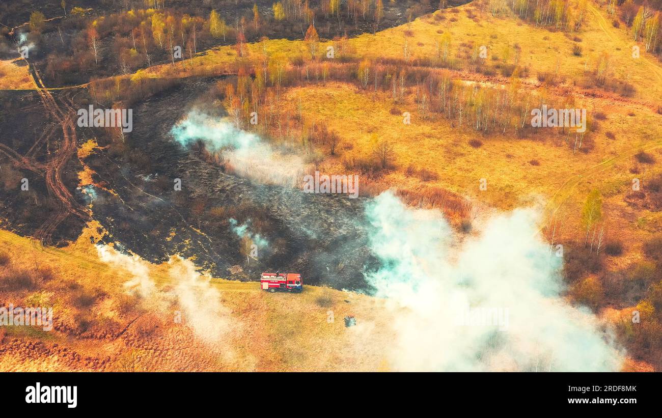 Bush Fire And Smoke. Drought Fire Engine, Truck On Firefighting ...