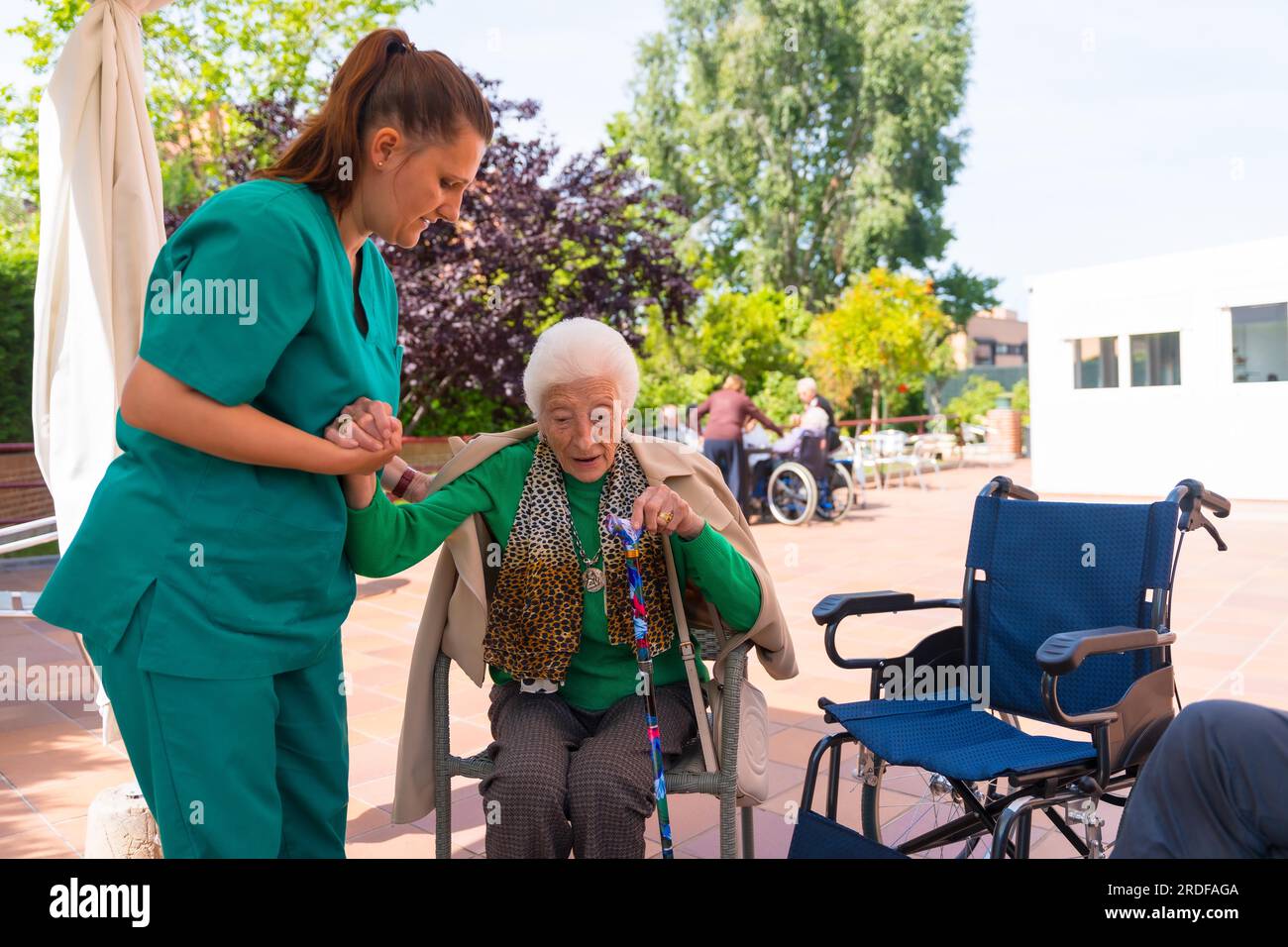 An elderly woman with the nurse in the wheelchair in the garden of a nursing home or retirement home, helping her to sit down Stock Photo