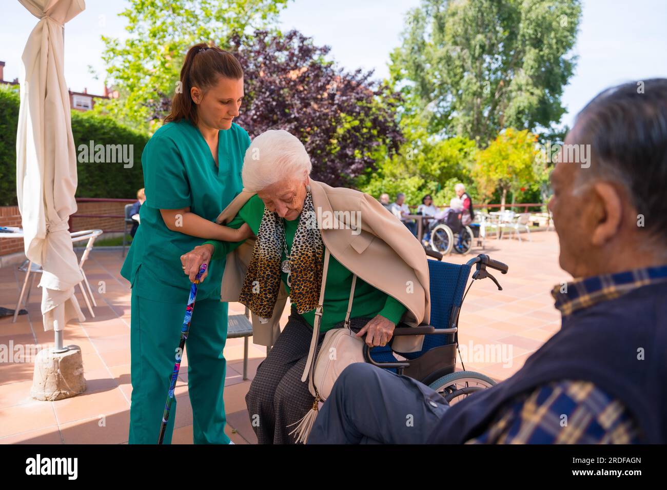 An elderly woman with the nurse in the wheelchair in the garden of a nursing home or retirement home, helping her to sit down Stock Photo