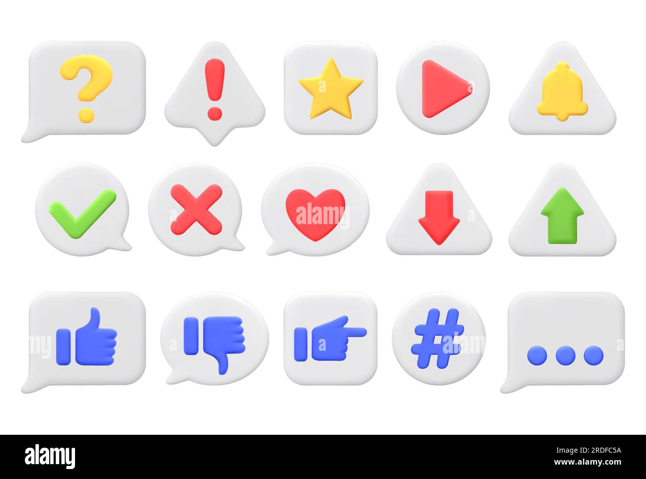 3D symbols and signs on white speech bubbles and shapes. Like, heart, question mark, star, play button, arrows. Icons for web design, mobile apps, soc Stock Vector