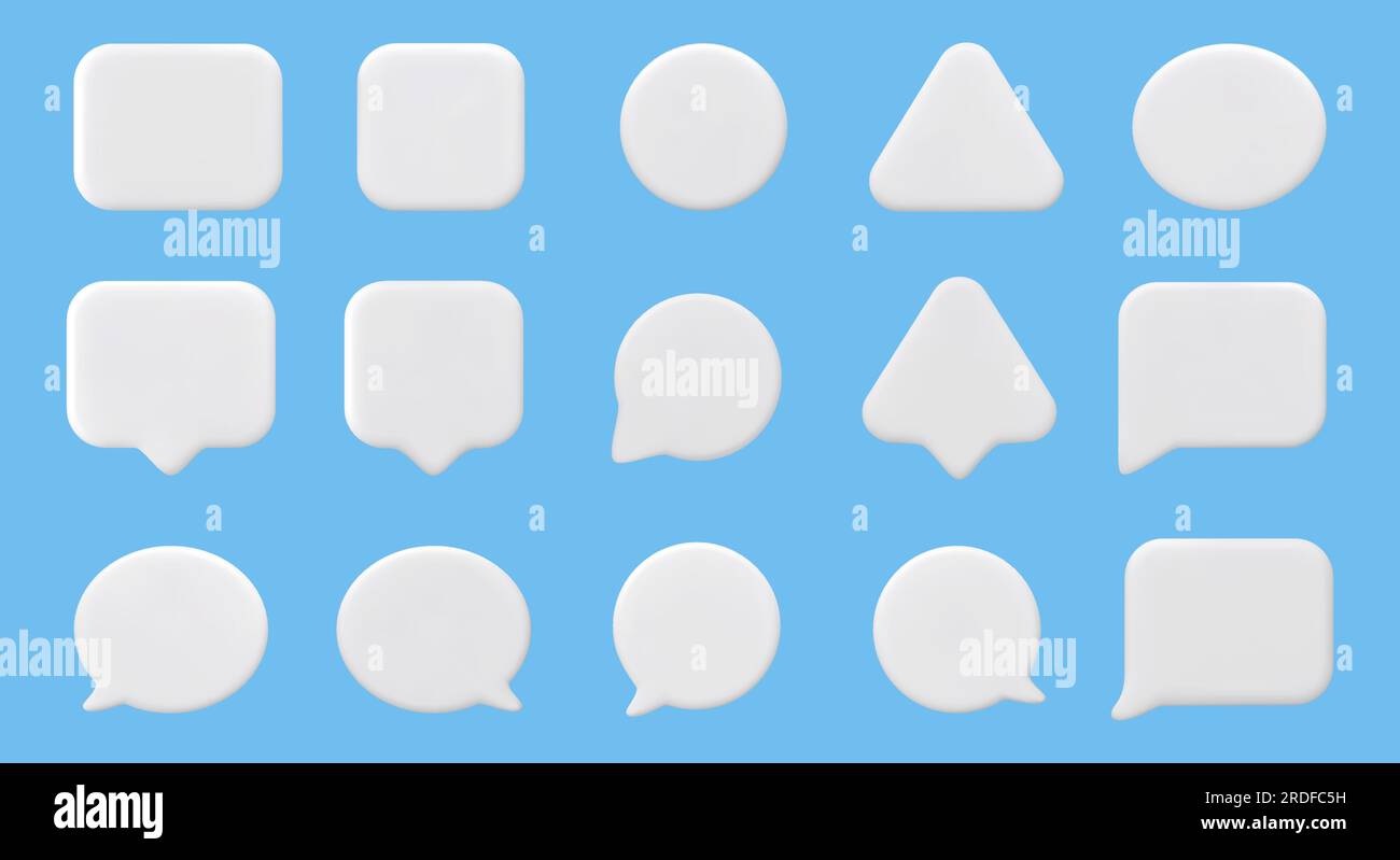 3D speech bubbles of different shapes. Empty Templates for web, apps. Blank chatting box, message box, speak bubble. 3D Vector Illustrations. Stock Vector