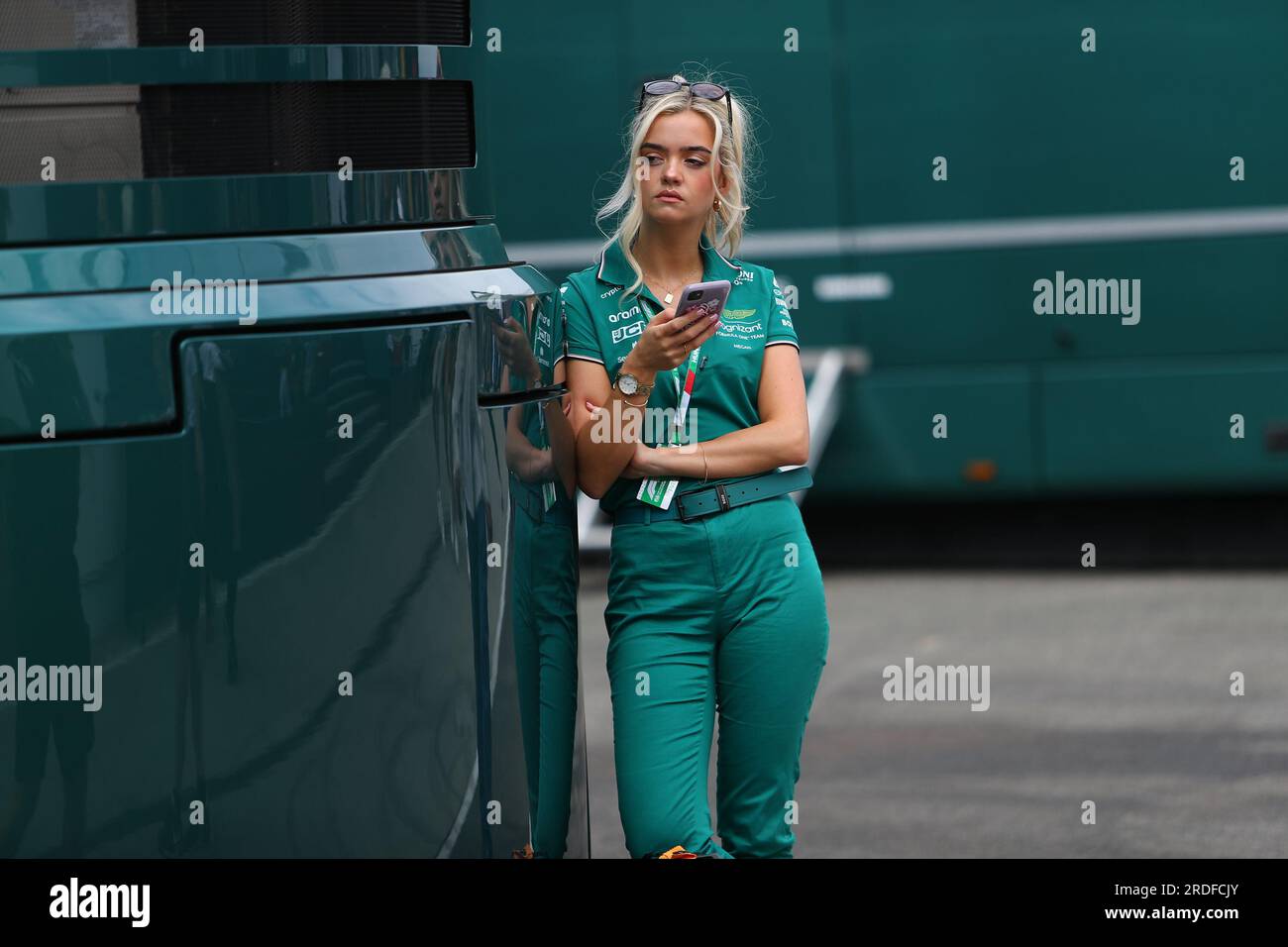 Budapest, Rieti, Hungary. 21st July, 2023. Girl from Aston Martin Aramco Cognizant F1 Team.on Paddock, Friday Jul21, FORMULA 1 QATAR AIRWAYS HUNGARIAN GRAND PRIX 2023 - Jul21 to Jul23 2023 Hungaroring, Budapest, Hungary (Credit Image: © Alessio De Marco/ZUMA Press Wire) EDITORIAL USAGE ONLY! Not for Commercial USAGE! Stock Photo