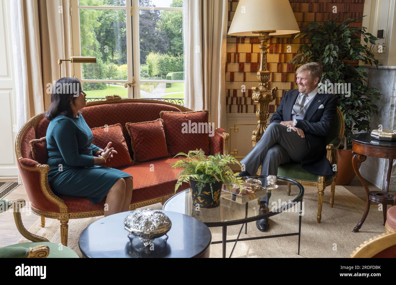 THE HAGUE - 21/07/2023, THE HAGUE - King Willem-Alexander inaugurates Marielle Paul as outgoing minister for Primary and Secondary Education at Huis ten Bosch Palace. Paul succeeds Dennis Wiersma, who resigned in June after another complaint was received about him about transgressive behaviour. ANP POOL LEX VAN LIESHOUT netherlands out - belgium out Stock Photo