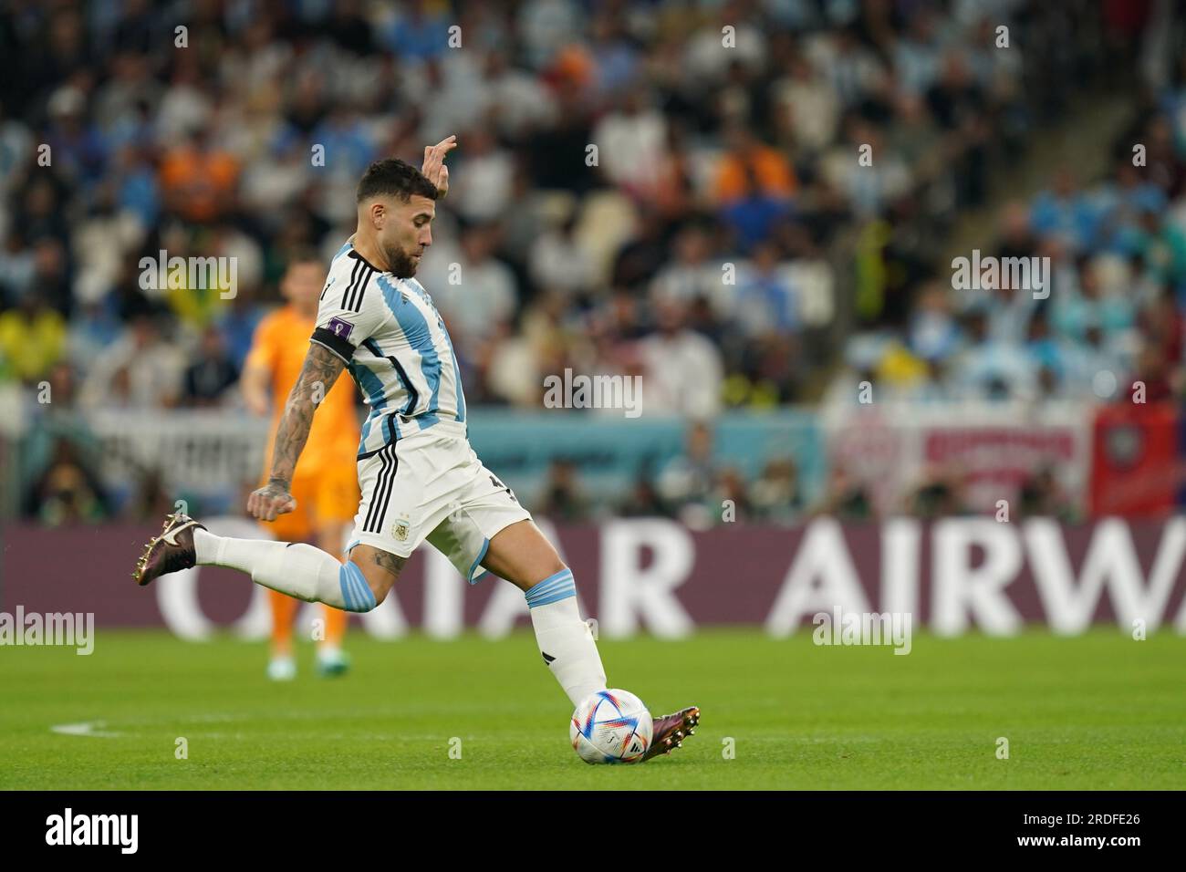 Lusail, Qatar, 10, December, 2022. Nicolas Otamendi from Argentina passes the ball during the match between Argentina vs. Netherlands, Match 57, Fifa Stock Photo