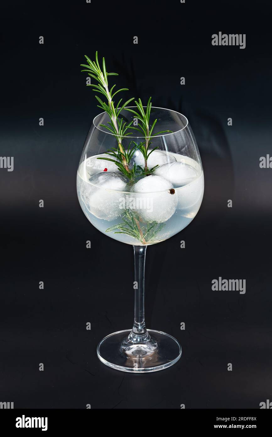 Gin and tonic cocktail with rosemary, pepper and ice cubes in a glass in front of a black background Stock Photo