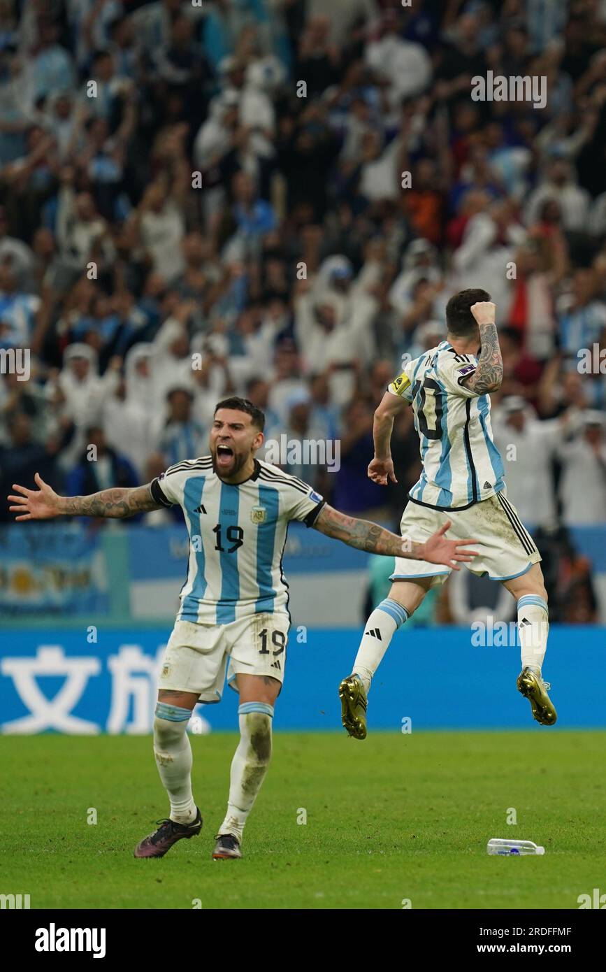 Lusail, Qatar, 10, December, 2022. Nicolas Otamendi and Lionel Messi from Argentina celebrates during the penaltys between Argentina vs. Netherlands, Stock Photo