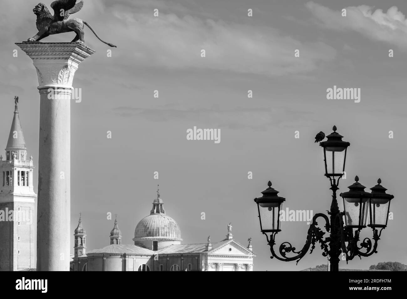 Venice,  Italy - April 27, 2019 : Beautiful Venice Italy with its lanterns, churches, tower bells and statues Stock Photo