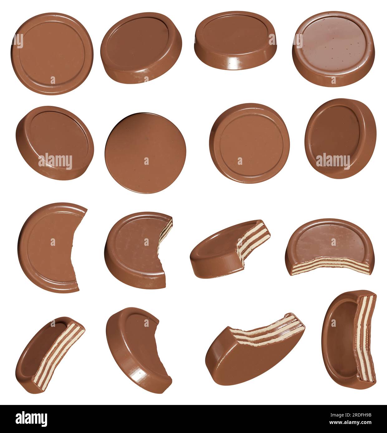 Round chocolate wafer from diffrent angles isolated on white background - 3D render Stock Photo