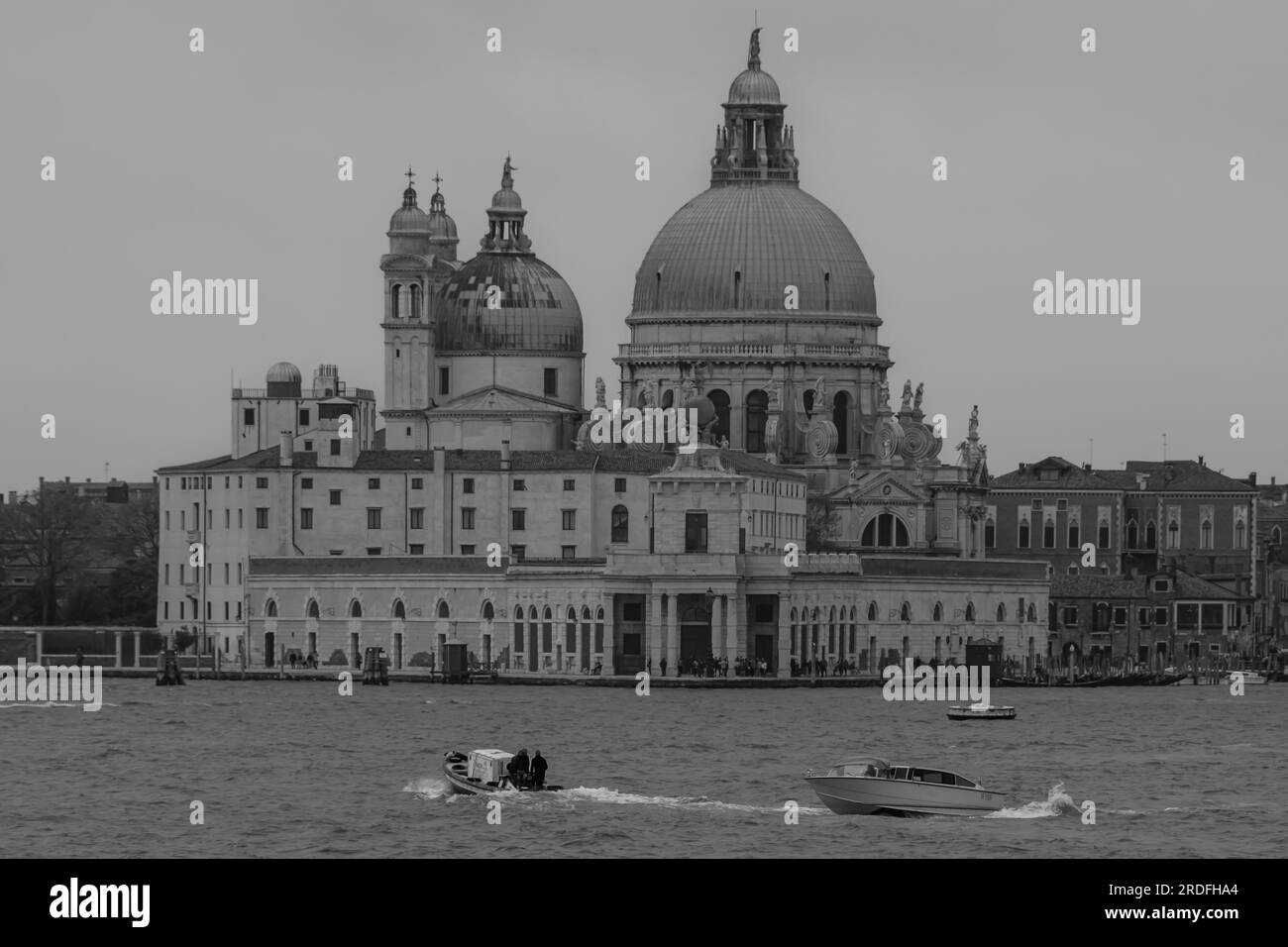 Venice,  Italy - April 27, 2019 : Panoramic view of the Basilica Santa Maria Della Salute in Venice Italy in black and white Stock Photo