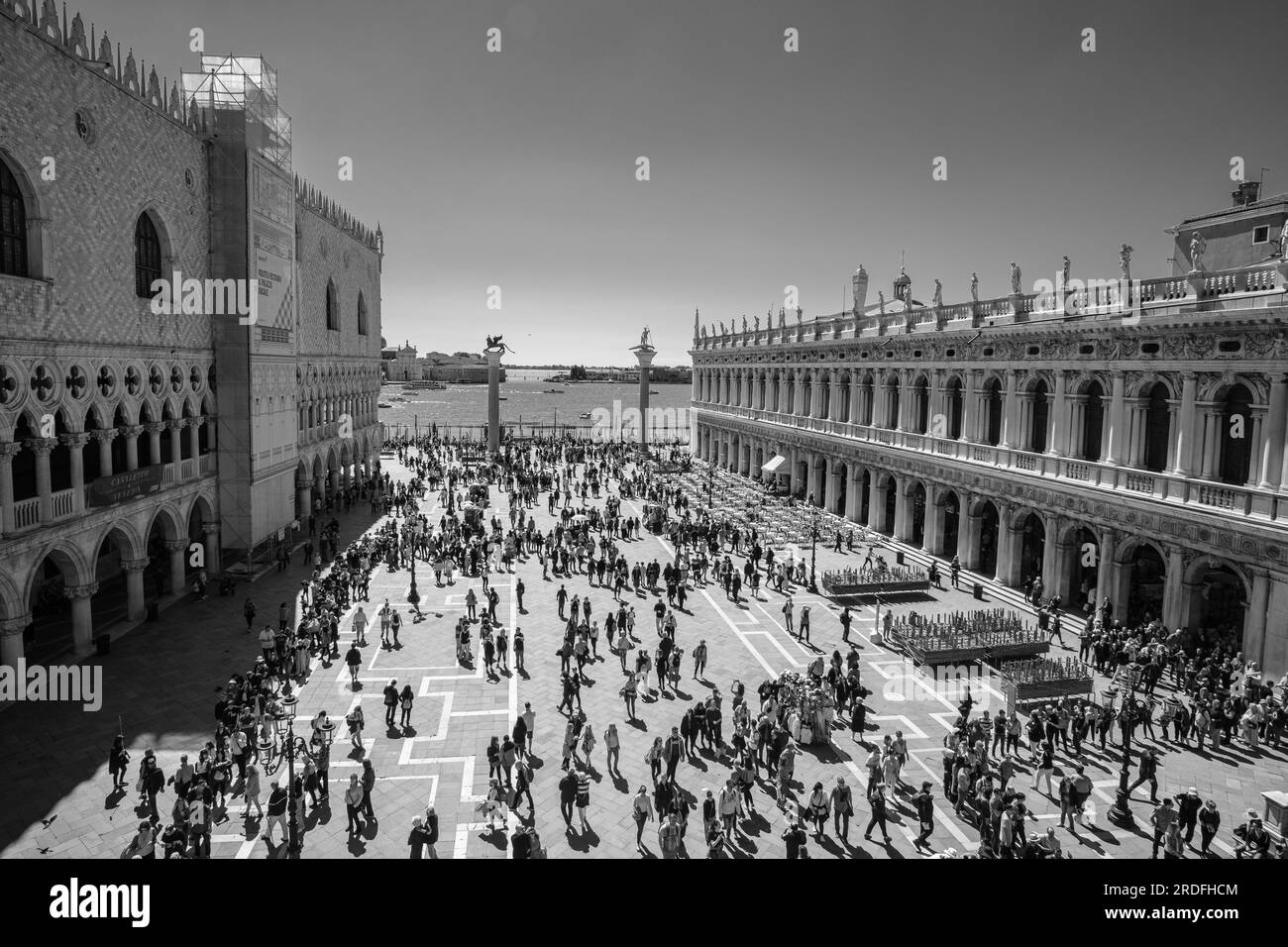 Venice, Italy - April 27, 2019 : Panoramic view of the famous square of Saint Mark in Venice Italy on a sunny day Stock Photo