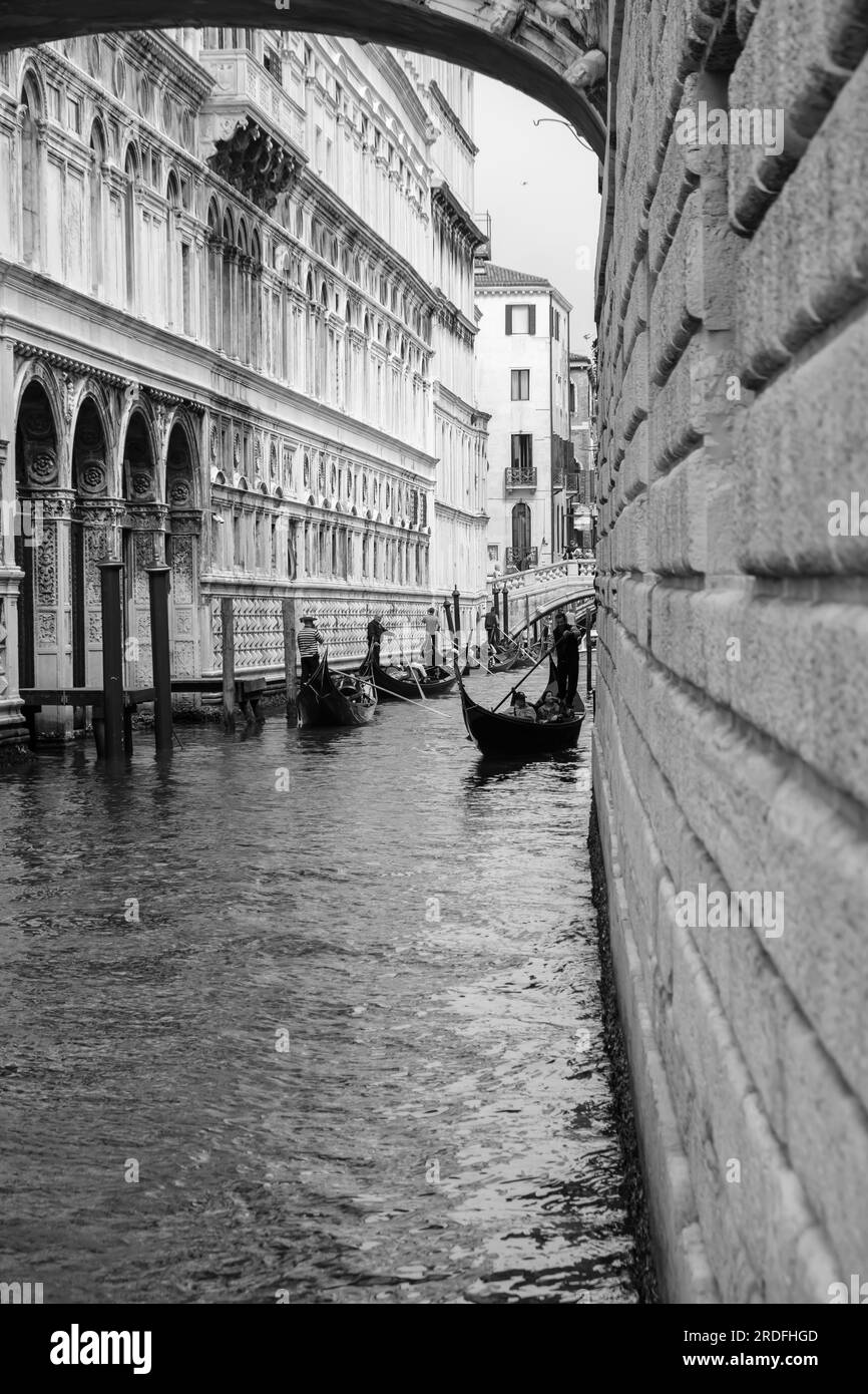 Venice,  Italy - April 27, 2019 : View of the Bridge of Sighs at the Doge’s Palace in Venice Italy in black and white Stock Photo