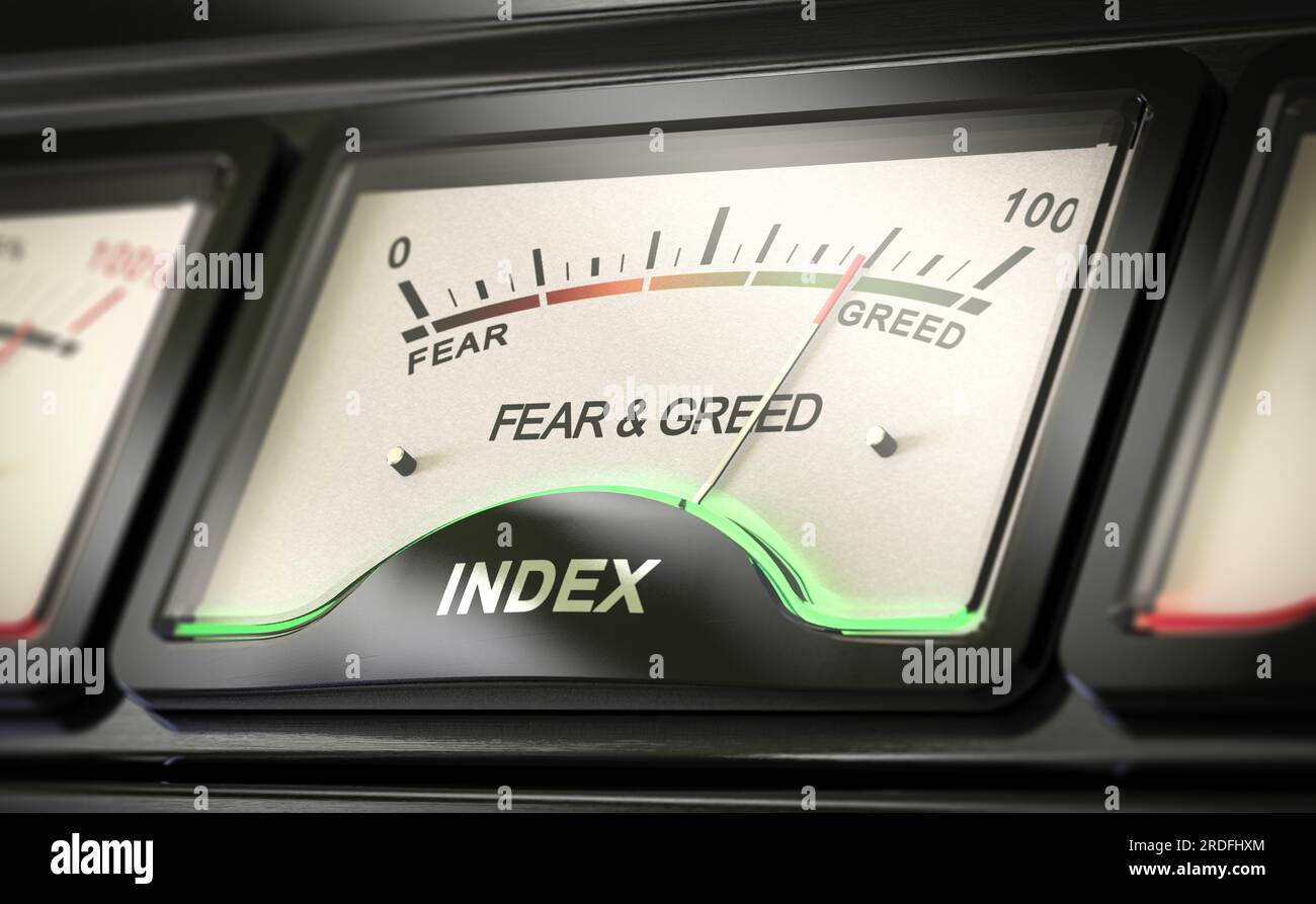 Close up on a conceptual gauge. Investor sentiment, fear and greed index concept. 3d render. Stock Photo