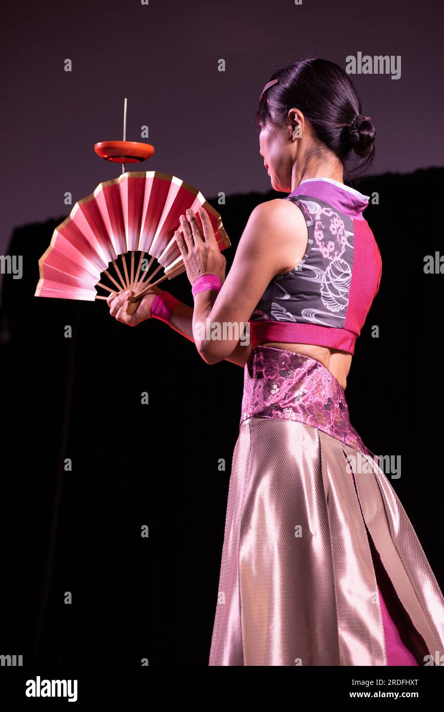 Japanese Circus artist performing at MERCANTIA International Street Theater Festival. Stock Photo