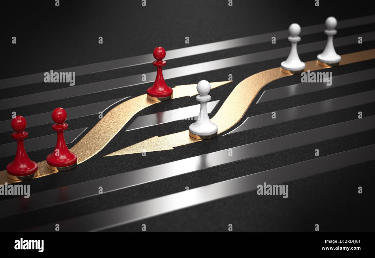 Red and white pawns over black background with golden arrows. Employee swap or turnover concept. 3d render Stock Photo