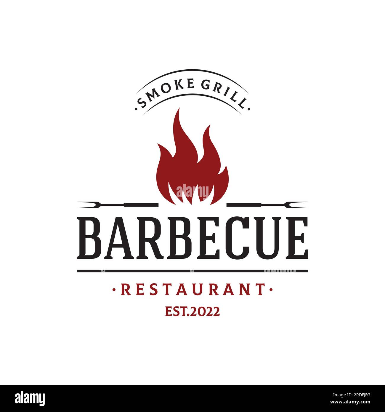 BBQ hot grill vintage typography logo with crossed flames and spatula. Logo for restaurant, badge,cafe and bar. Stock Vector