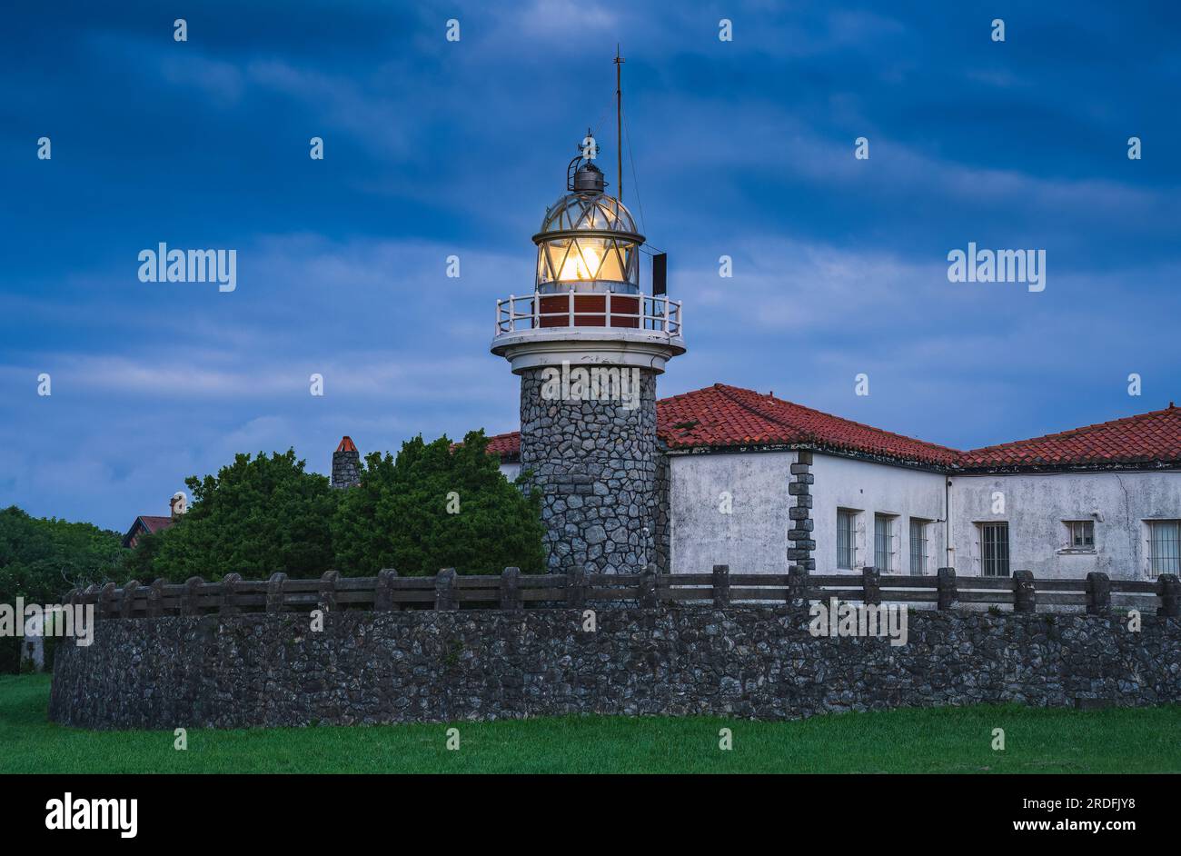 Photograph of the La Galea lighthouse in Getxo (Bizkaia, Spain) at dusk, taken in July 2023. Stock Photo