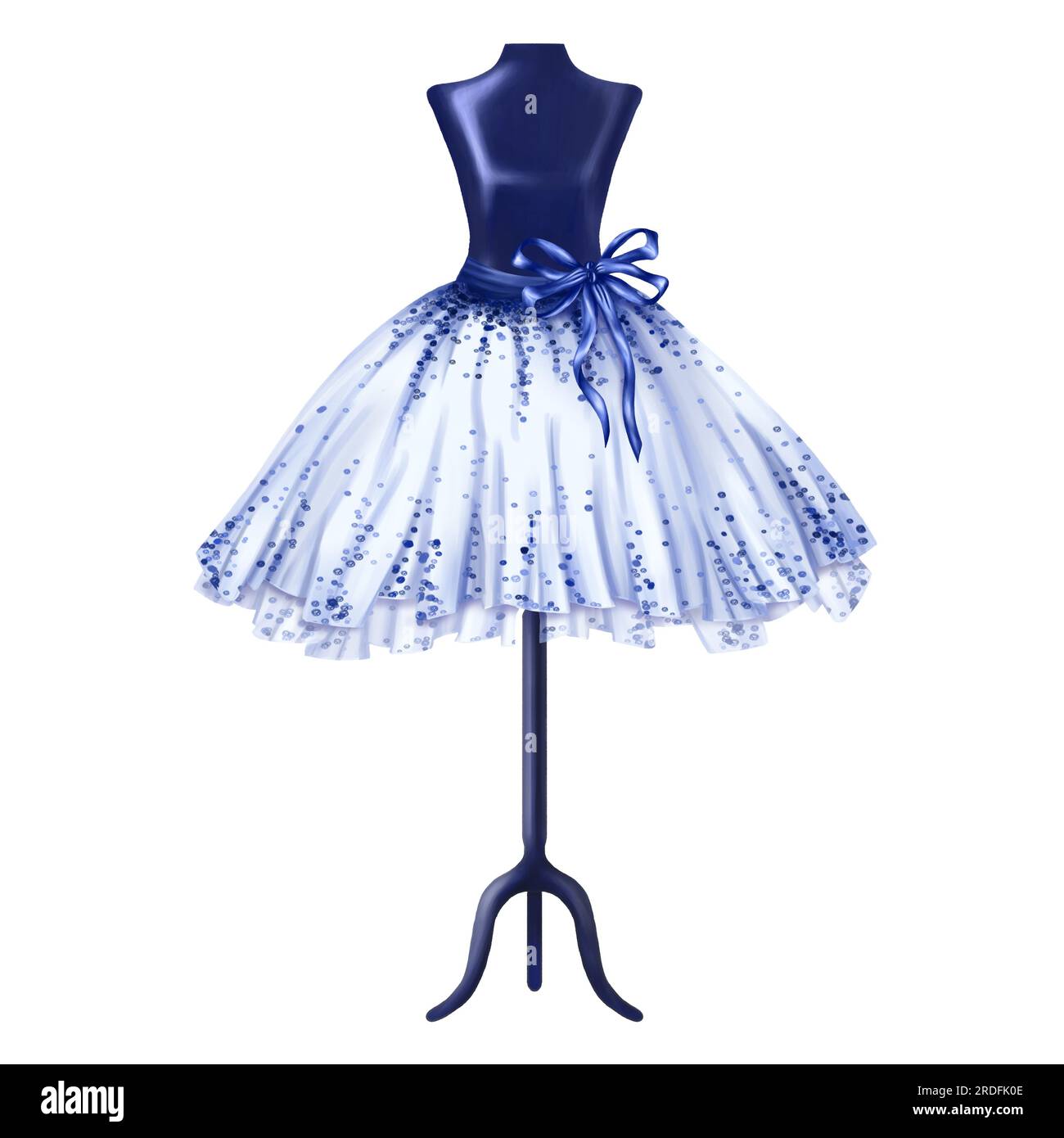 Blue ballet tutu decorated with pebbles and bows. A skirt worn on a mannequin. A theatrical backstage, an atelier, a clothing store, outfit for a fash Stock Photo