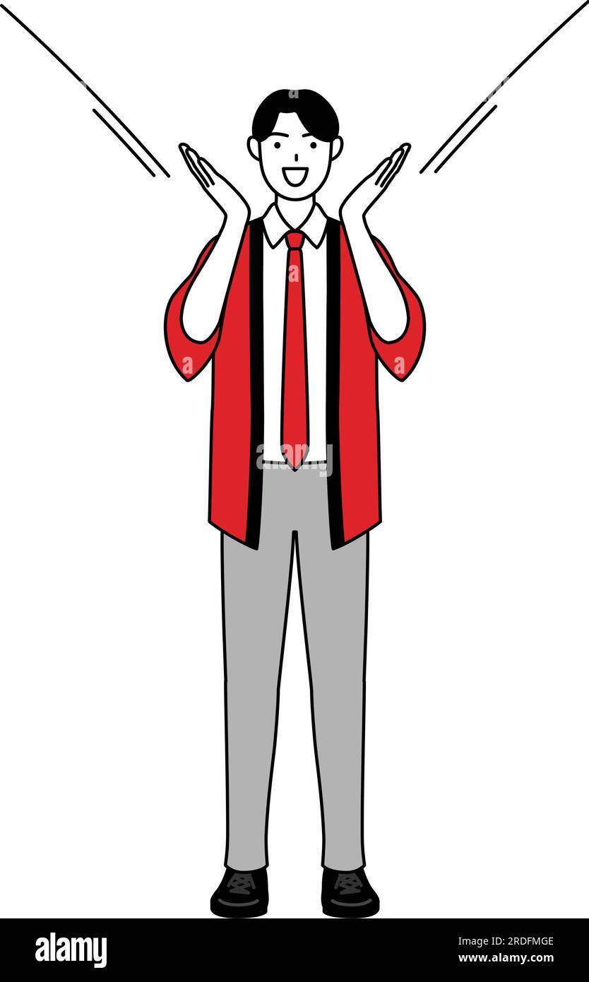 Man wearing a red happi coat calling out with his hand over his mouth ...