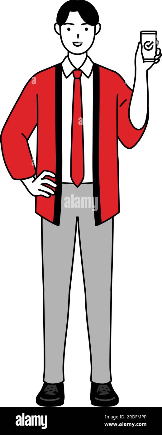 Man wearing a red happi coat using a smartphone at work, Vector ...