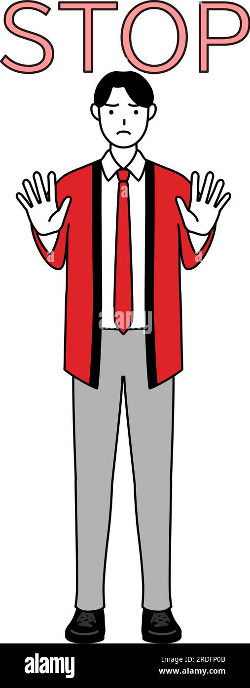 Man wearing a red happi coat with his hands out in front of his body ...