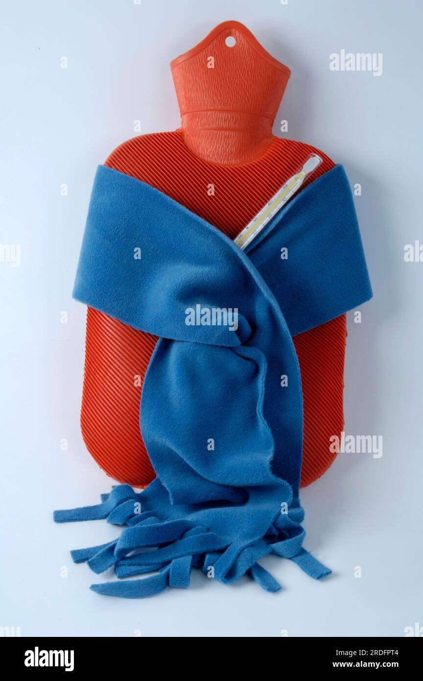 Hot water bottle with scarf and fever thermometer, hot water bottle