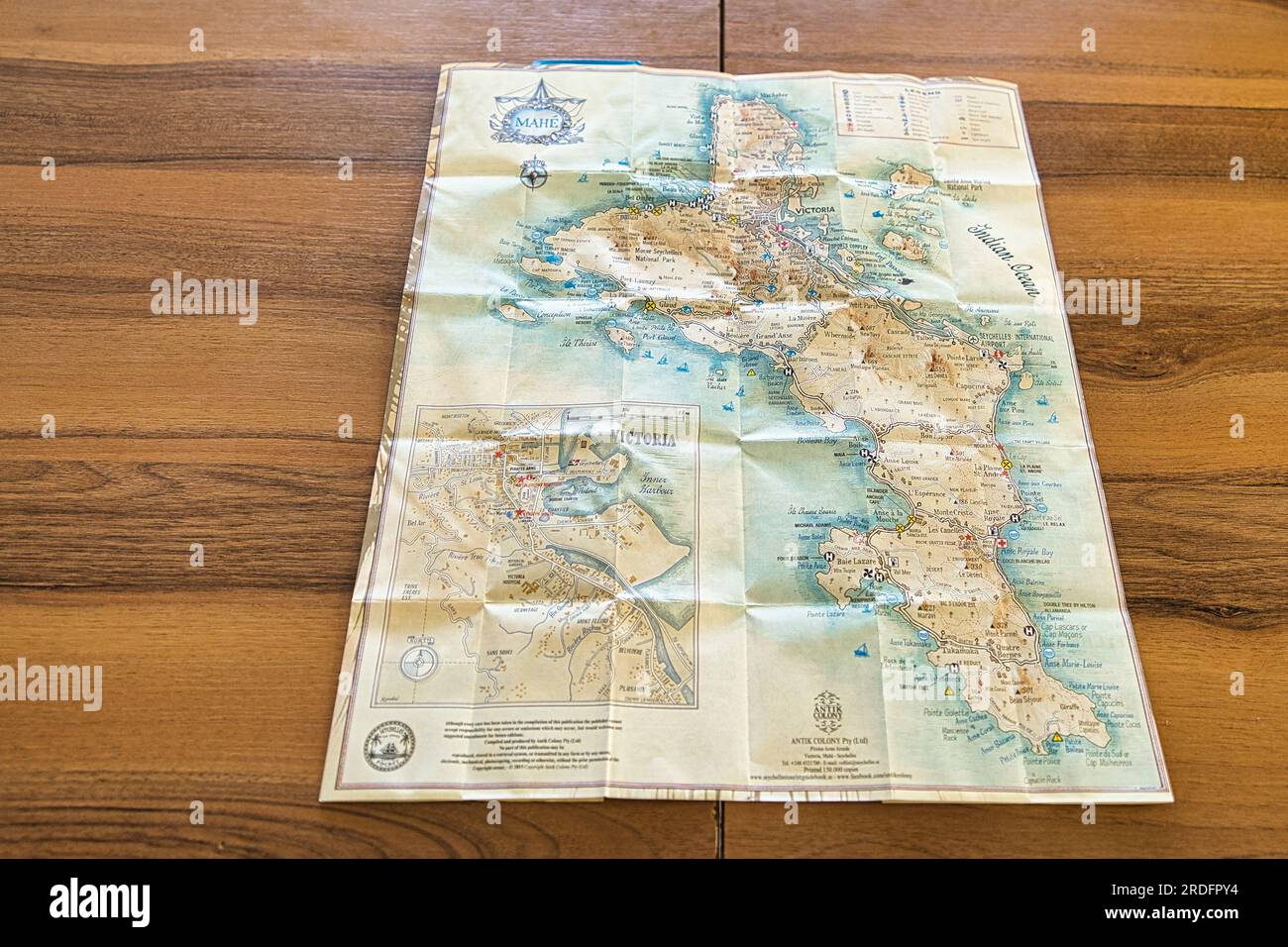 Mahe, Seychelles 21.07.2023 , Mahe island map on wooden table Stock Photo