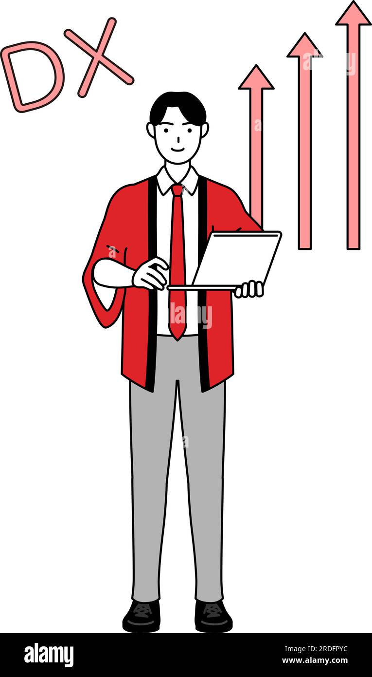Image of DX, Man wearing a red happi coat who has successfully improved his business, Vector Illustration Stock Vector