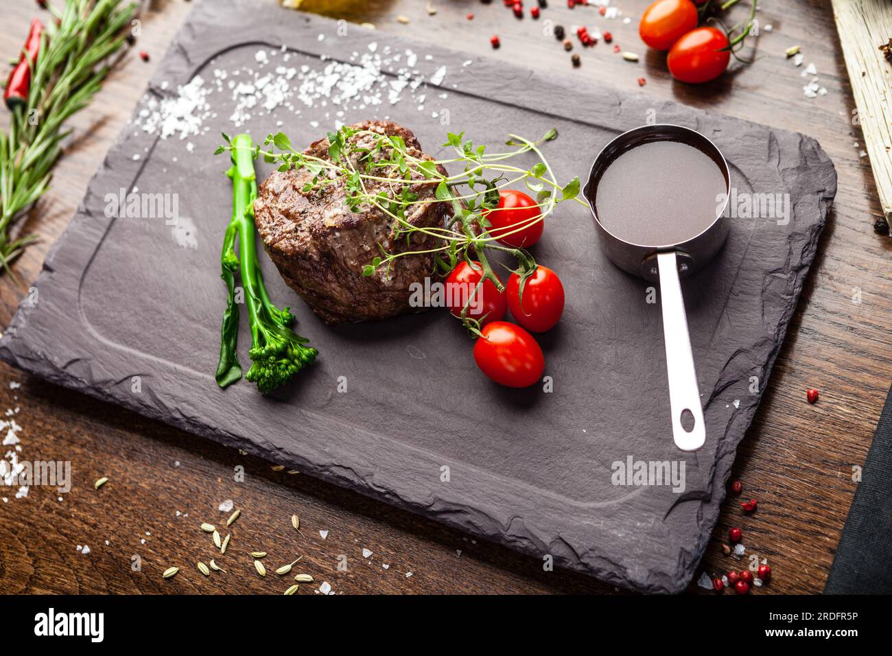 Estonian beef tenderloin steak. Delicious healthy traditional food closeup served for lunch in modern gourmet cuisine restaurant. Stock Photo