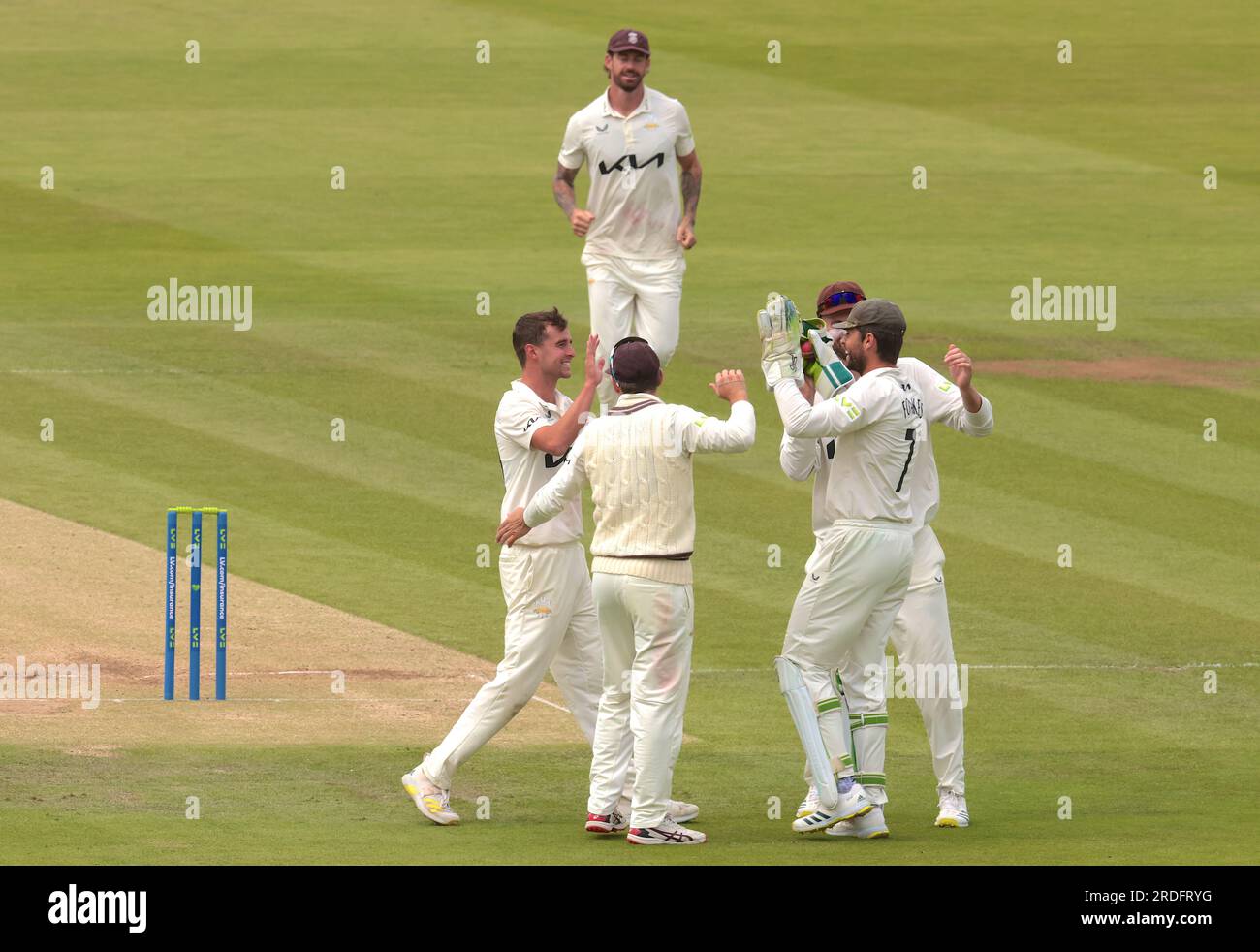 London, UK. 21st July, 2023. Surrey's Tom Lawes gets the wicket of John Simpson as Middlesex take on Surrey on day three of the County Championship match at Lords. Credit: David Rowe/Alamy Live News Stock Photo