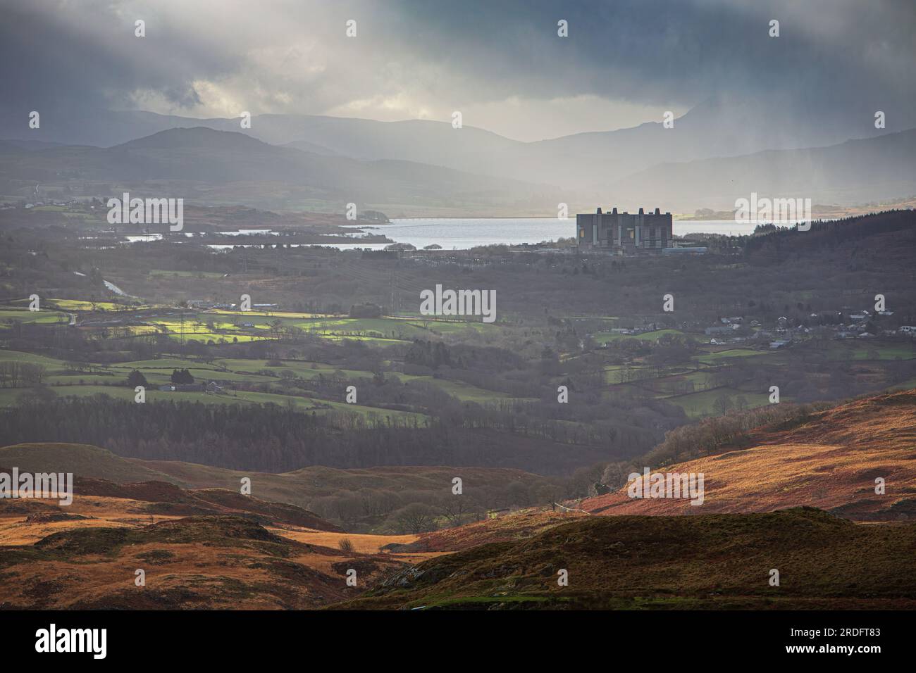 A general area view of Trawsfynydd Nuclear power station in the environment. The photo was taken from the road up to Moelwyn Mawr. Stock Photo