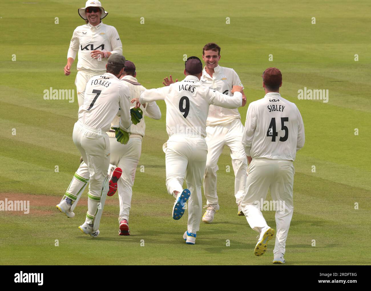 London, UK. 21st July, 2023. Surrey celebrate after Tom Lawes gets the wicket of Tom Helm as Middlesex take on Surrey on day three of the County Championship match at Lords. Credit: David Rowe/Alamy Live News Stock Photo