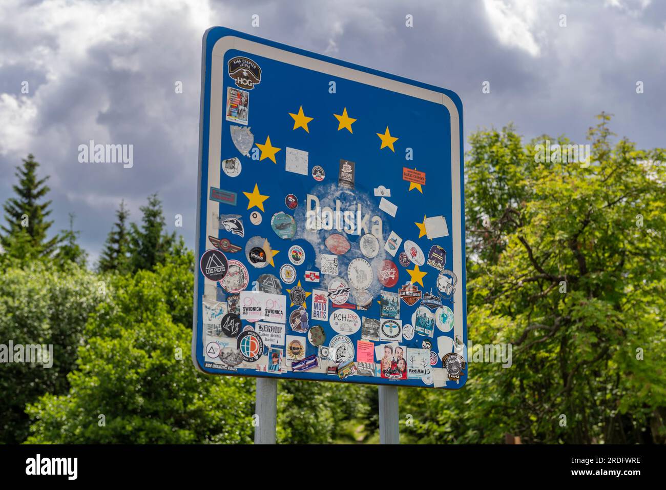 notice on the Czech-Polish border line in summer day in Giant Mountains, Krkonose Stock Photo