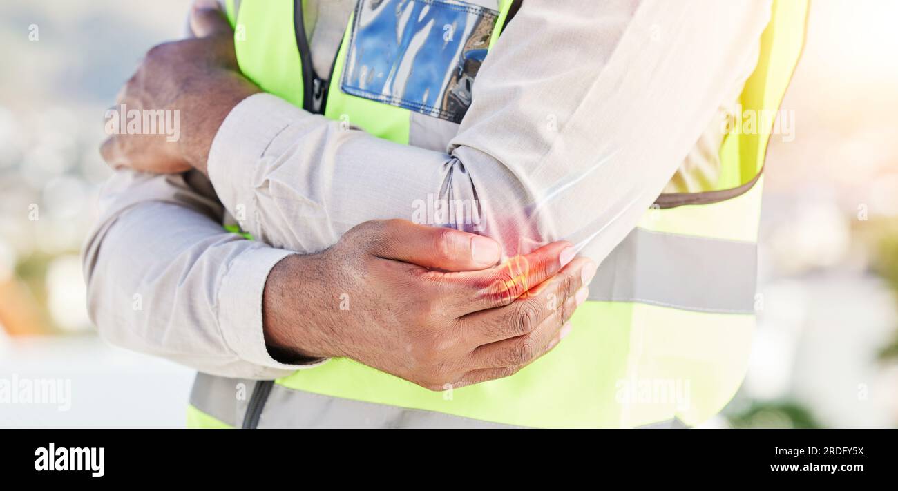 Man, architect and hands with elbow pain in city from injury, accident