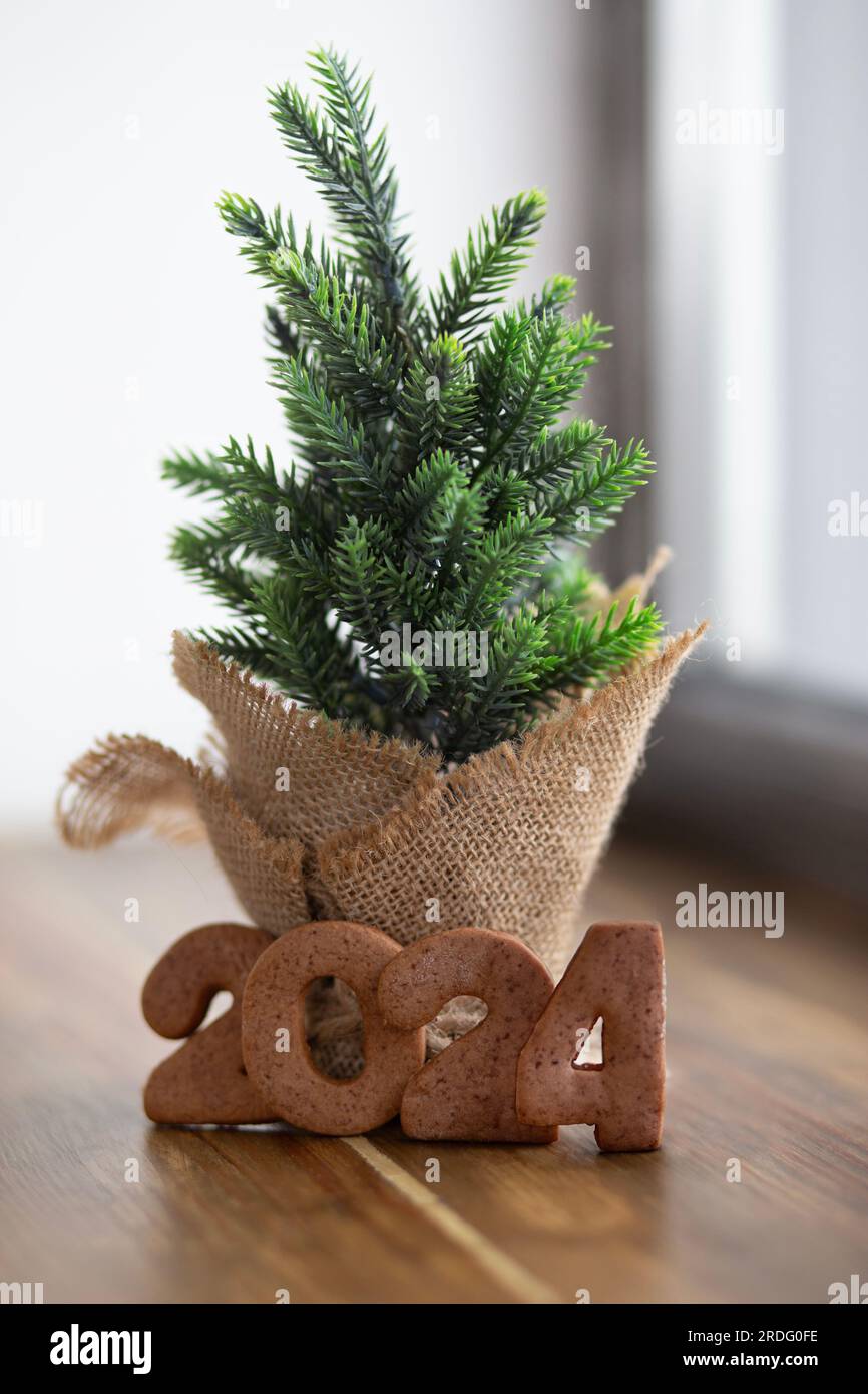 Gingerbread cookies in the shape of the numbers 2024 next to a pot with