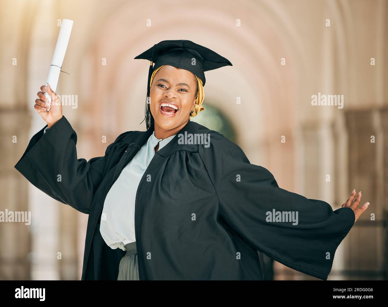 University student, graduation diploma and black woman celebrate school ...