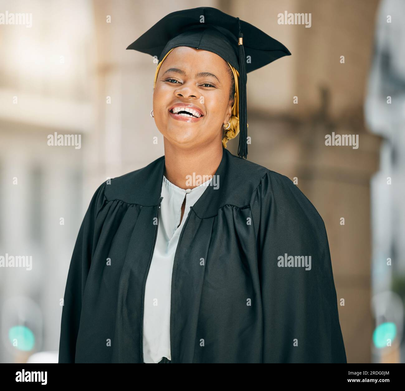 University graduate, portrait and happy black woman with school success ...