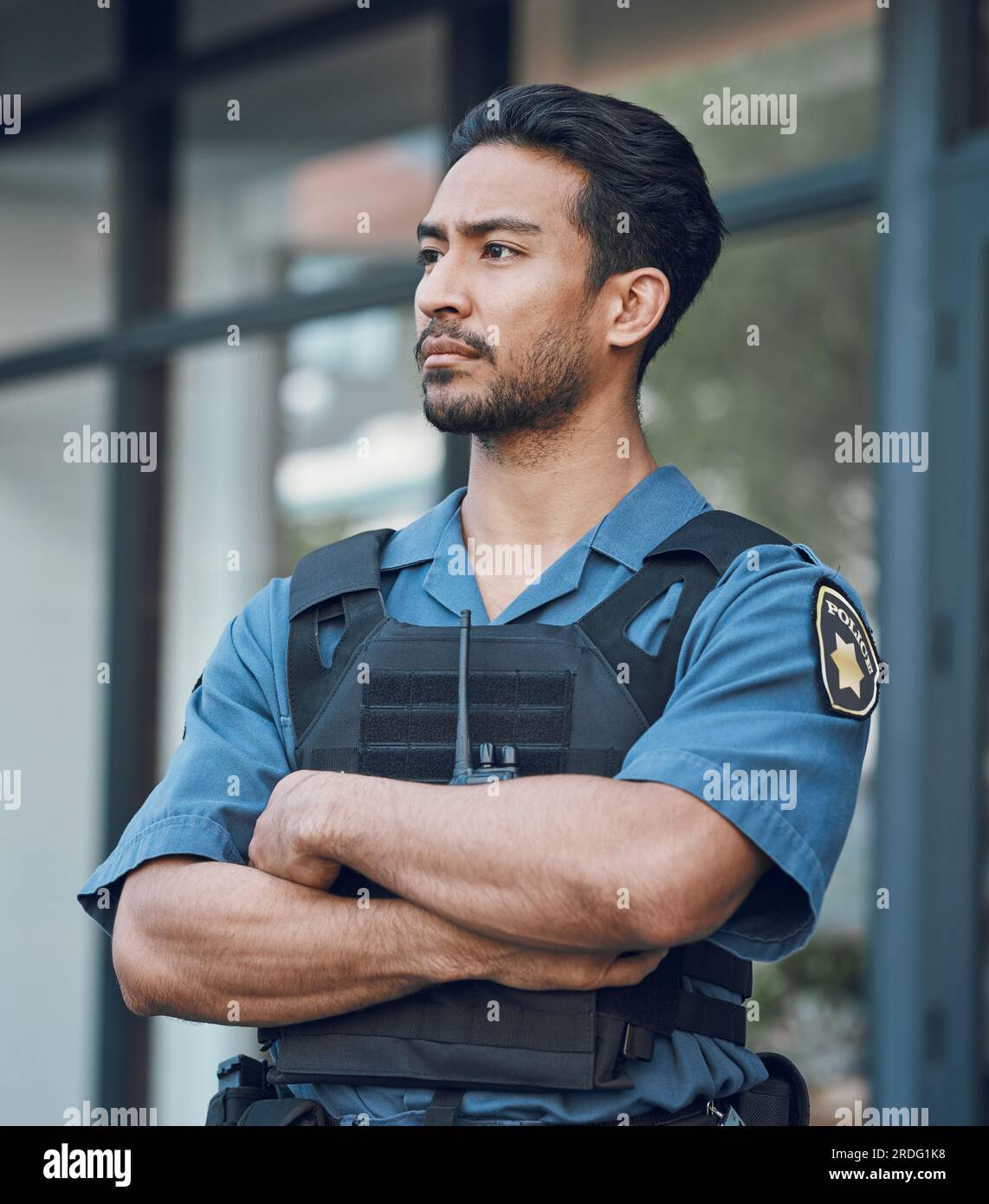 Security, police and man with crossed arms in city for working