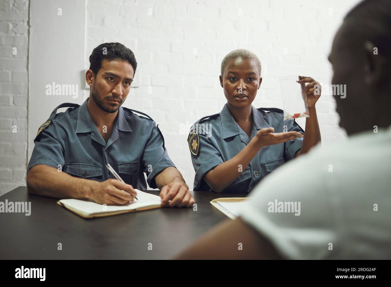 Police, writing and criminal with evidence for interrogation, arrest or